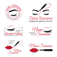 Permanent makeup logo template. Set of logo for makeup artist. Tattoo make-up icons of eye, brow, lips and tattoo pen.