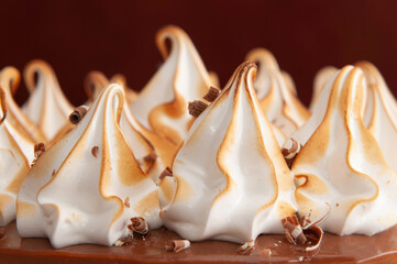 Sweet cake with caramel glaze and white meringue, close up image with brown background