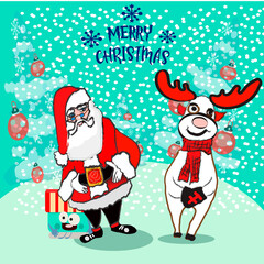 Santa drops gifts. Christmas greeting card background poster. Vector illustration.