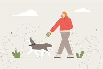 Woman walking with pet dog. Flat cartoon style vector illustration.