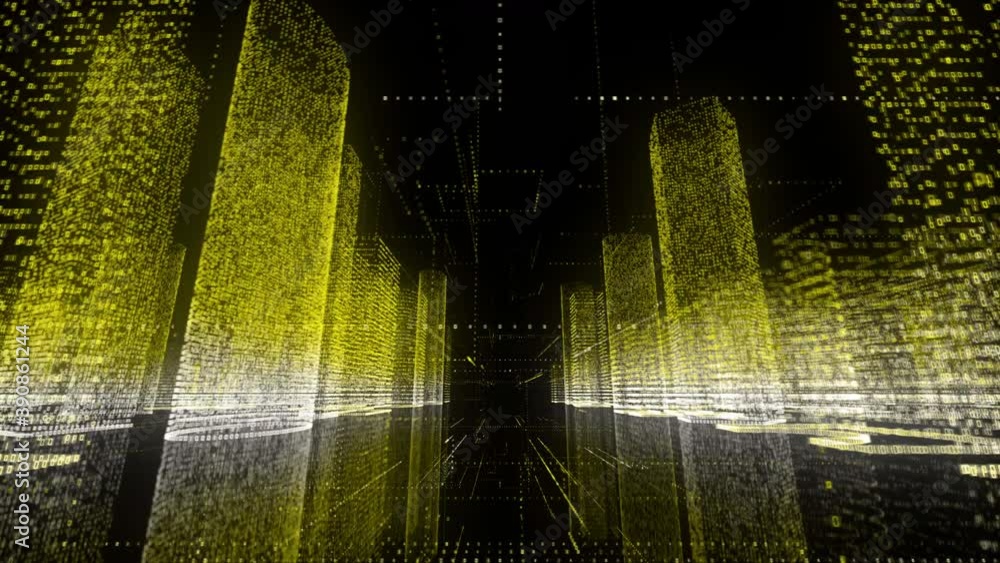 Poster moving through the yellow and white colored model of digital city contained of random numbers and sy