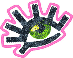 Sequin applique embroidery vector illustration.Eye sequin embroidery
