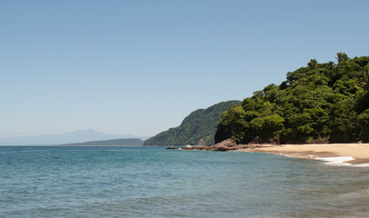 Beautiful landscape of a beach in the mexican pacific coast in a sunny day with trees, palms and green hills, some waves and cliffs with rocks