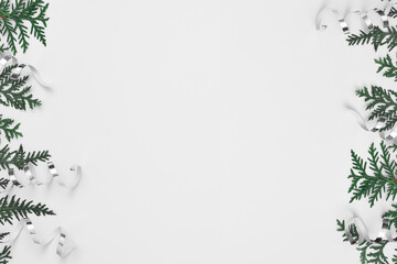 Thuja branches and white serpentine on a white background. Copy space, flat lay, mock up, top view.