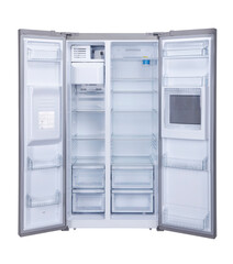  Front View of gray Side by Side Double Door Refrigerator .open door