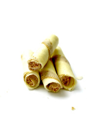 waffle rolls,on white background sweet food concept.
