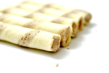 waffle rolls,on white background sweet food concept.