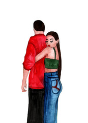 Loving couple on a walk,girl hugs a guy.Watercolor love story postcard,poster,card,illustration.
