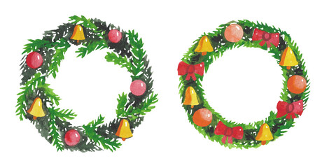Watercolor Christmas wreaths made of spruce branches, bows, balloons and bells. Home decoration, greeting cards, invitations.