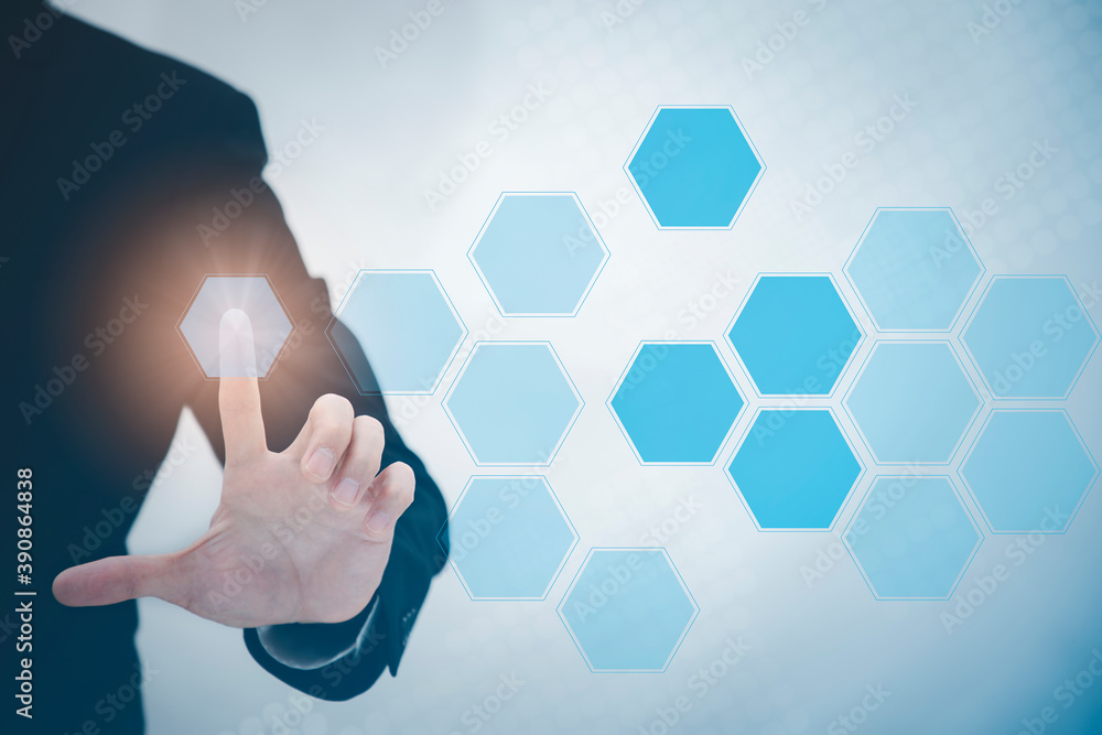 Poster businessman touching in empty graph screen icon of a media screen, technology process system busines