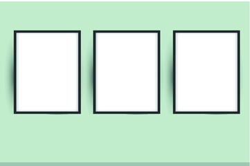 Vertical 3 black frame poster on gray wall. black frame mock up. vector