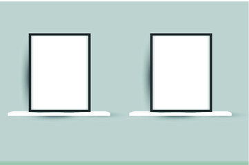 Vertical 2 black frame poster on gray wall. black frame mock up. vector