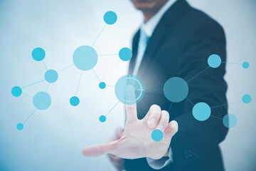Businessman touchscreen on the graph Screen Icon of a media screen, Technology Process System Business with Communication and marketing icon concept.