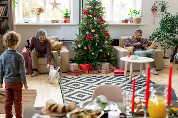 Senior man with smartphone playing with dog while his son using mobile gadget