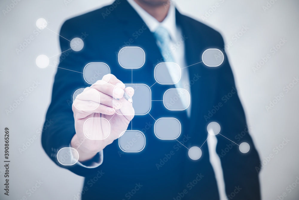 Poster businessman touching in empty graph screen icon of a media screen, technology process system busines