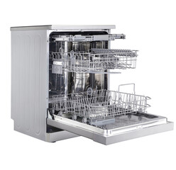 Open door dishwasher on white background