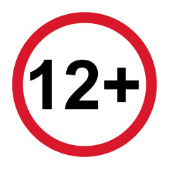 12+ restriction flat sign isolated on white background. Age limit symbol. No under twelve years warning illustration