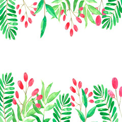 Watercolor Christmas frame with fir branches and berries, leaves, cones, Christmas decor, flowers, perfect for postcards, posters, stickers, covers.	