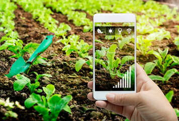 Smart farming agribusiness and technology. Farmer hand using smart phone scanning track application...