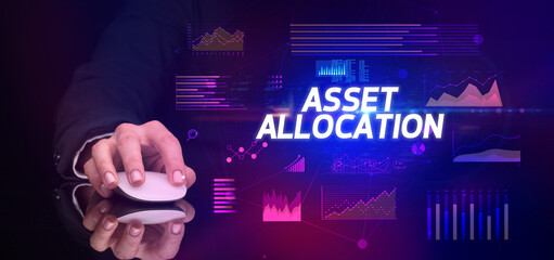 hand holding wireless peripheral with ASSET ALLOCATION inscription, cyber business concept