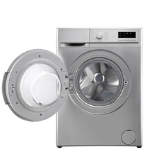 gray washing machine isolated on white background . open door