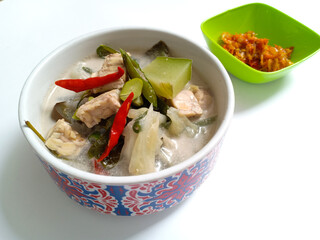 Vegetable lodeh or vegetable with coconut milk soup is a traditional Indonesian culinary food in a white bowl served. Vegetables are long beans, cabbage, red chili, green chili, eggplant, and more 