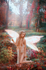 Young beautiful fantasy woman in the image of fairy. Forest pixie girl with golden glowing...