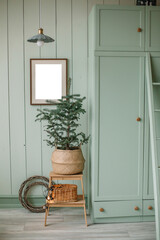 Green scandinavian style wardrobe in the room with fir
