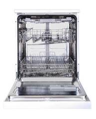 Open door dishwasher on white background