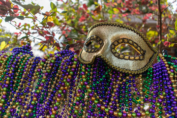 Mardi Gras beads covering wrought iron fence with carnival mask