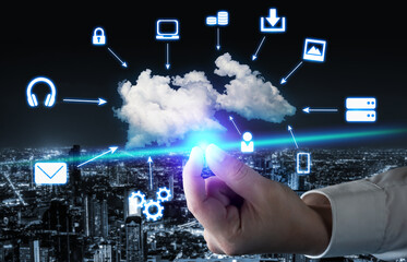 Cloud computing technology and online data storage for global data sharing. Computer connects to...