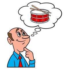 Thinking about Drums - A cartoon illustration of a man thinking about Drums.