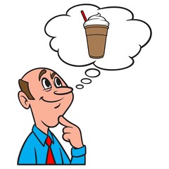 Thinking about an Iced Coffee - A cartoon illustration of a man thinking about an Iced Coffee.