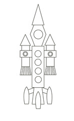 Rocket drawn in white with black outline, flat style, isolated on white background. Stock vector illustration.