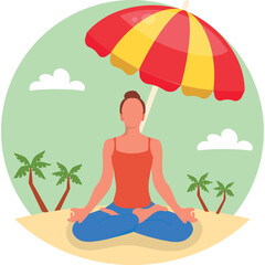 Obraz na płótnie Canvas A lady sitting in padmasana yoga posture under a sunshade umbrella at beach on a cloudy day 