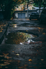 Puddle in the autumn courtyard