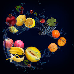Fototapeta na wymiar Panorama with fruits in splashes of water - juicy cherries, lemon, grapes, persimmon, melon, banana, apple, pear, pomegranate are full of vitamins and are very beneficial for our health