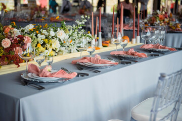 Stylish wedding decor for newlyweds on table