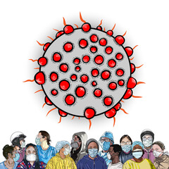 Crowd of people wearing medical mask. Background of mutated coronavirus Covid 19. Preventive measures from pneumonia outbreak and need of vaccine. Respiratory disease epidemic, virus spread. Vector.