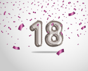 	
Happy 18th birthday with realistic foil balloons text on silver background and purple confetti. Set for Birthday, Anniversary, Celebration Party. Vector stock.