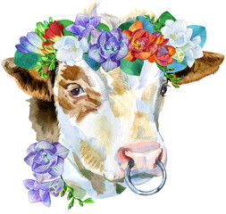 Watercolor illustration of a white bull bull in a wreath of freesias