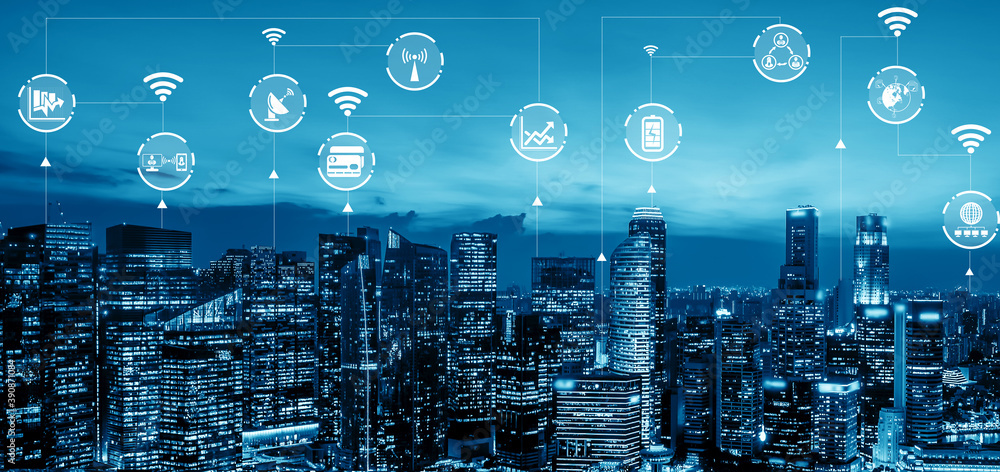 Poster advanced communication and global internet network connection in smart city . concept of future 5g w