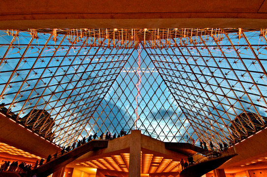 Unusual View looking up inside the Louvre Pyramid designed by Chinese-American Architect I. M Pei, Paris, France 