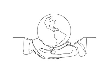 continuous line drawing of palm hand holding earth globe. One line concept of save nature ecology. Vector illustration