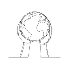 continuous line drawing of palm hand holding earth globe. One line concept of save nature ecology. Vector illustration