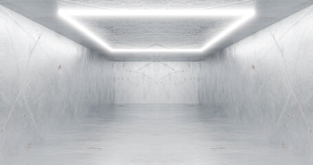 3d rendering. Neon rectangle or square, white in a bright room from mrmor. Glossy shading on the walls.