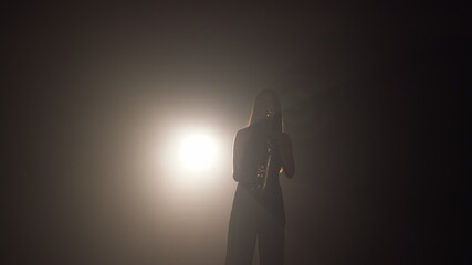 Obraz premium Young beautiful girl in a dark dress plays on a golden shiny saxophone on stage. Dark studio with smoke and stage lighting. Hands and saxophone close up. Side view.Slow motion video