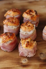 Japanese rolls with bacon rice and mussels