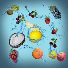 Panorama with fruits in splashes of water - juicy coconut, grapes, melon, grapefruit, apple, cherry, strawberry, kiwi are full of vitamins and are very beneficial for our health