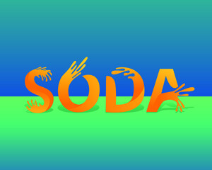 Soda Letters Design. Decorative Orange Fresh Letters. Soft drink. Splash liquid. Lettering of word soda. Typography for packaging design of soft drink,